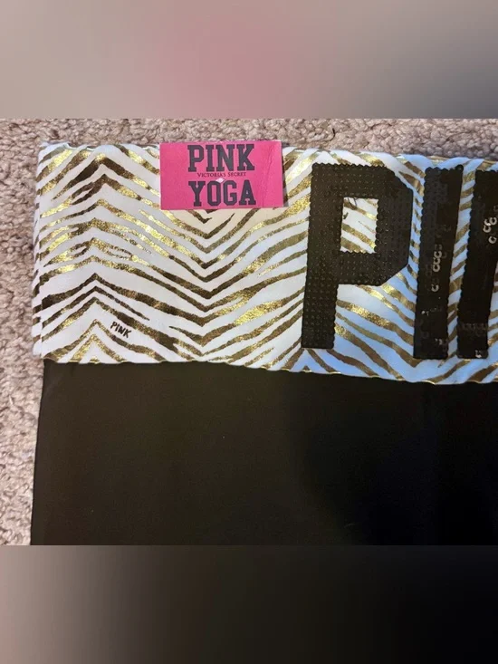 PINK Victoria's Secret Black Flared Yoga Pants with White & Gold Zebra Waistband - Picture 2 of 3